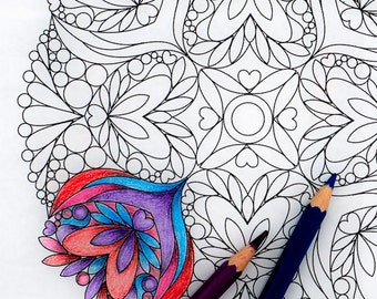 Dots and Hearts Coloring Page,  Instant Download, Relax Mandala Designs to Color for Adults to Print and Color