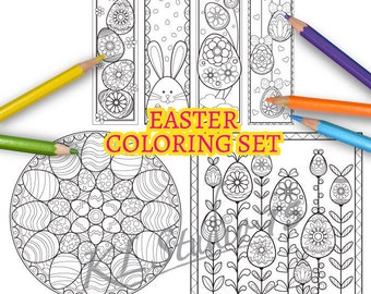 Easter- Coloring Set - coloring Bookmarks, coloring Pages,  Instant Download, Relax Mandala Designs to Color for Adults to Print and Color