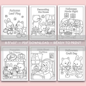 May include: A set of six printable colouring pages featuring black and white line art of cute animals in autumn and Halloween scenes. Each page includes titles like Autumn Leaf Play, Decorating the House, Halloween Movie Night, Pumpkin Ice Cream, Little Ghost Bedtime, and Halloween Craft Day. The pages are 21.6cm x 27.9cm.