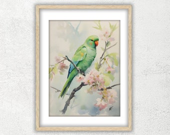 Ring-Necked Parrot-2 Watercolor Printable - Wall Art Digital Download-Downloadable Digital Print-JPG image-Watercolor digital printable