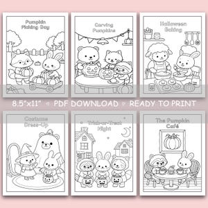 May include: A set of six black and white colouring pages featuring cute animals in Halloween scenes. Titles include Pumpkin Picking Day, Carving Pumpkins, Halloween Baking, Costume Dress-Up, Trick-or-Treat Night, and The Pumpkin Caf&eacute;. 21.6cm x 27.9cm PDF.