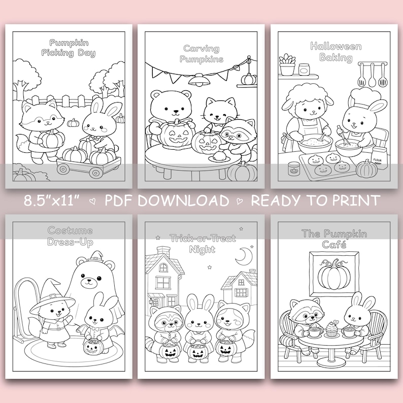 May include: A set of six black and white colouring pages featuring cute animals in Halloween scenes. Titles include Pumpkin Picking Day, Carving Pumpkins, Halloween Baking, Costume Dress-Up, Trick-or-Treat Night, and The Pumpkin Caf&eacute;. 21.6cm x 27.9cm PDF.