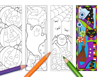 May include: Four black and white Halloween themed bookmark designs. The designs include pumpkins, a ghost, a spider, and a witch's boot.