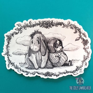 Pegatina de vinilo brillante con ilustración floral de amigos tristes con sentimientos