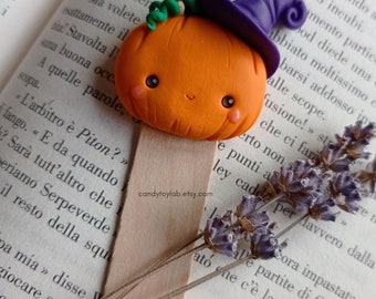 Halloween kawaii fimo pumpkin bookmark; cute wood bookmarks ; polymer clay polymer clay polymer clay