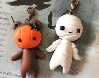 Kawaii charms cute spooky Halloween; polymer clay polymer clay. Pumpkin bear mummy chibi charms.