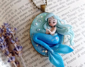 Mermaid necklace in Fimo; chibi polymer clay ; mermaid pendant ; resin jewelry