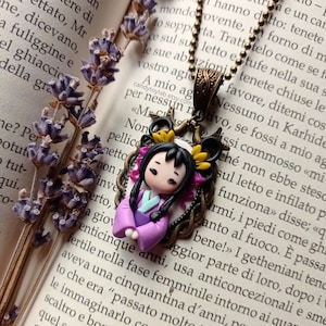 Chibi doll fimo portrait; princess; polymer clay; polymer clay; polymer clay. orient asia china; bronze cameo necklace.