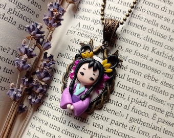 Chibi doll fimo portrait; oriental princess; polymer clay ; polymer clay ; polymer clay. Bronze jewelry. Bronze cameo necklace.