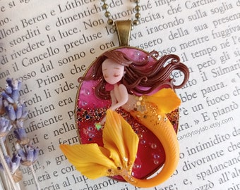 Mermaid necklace; chibi polymer clay Fimo ; mermaid pendant; polymer clay jewellery; resin jewelry