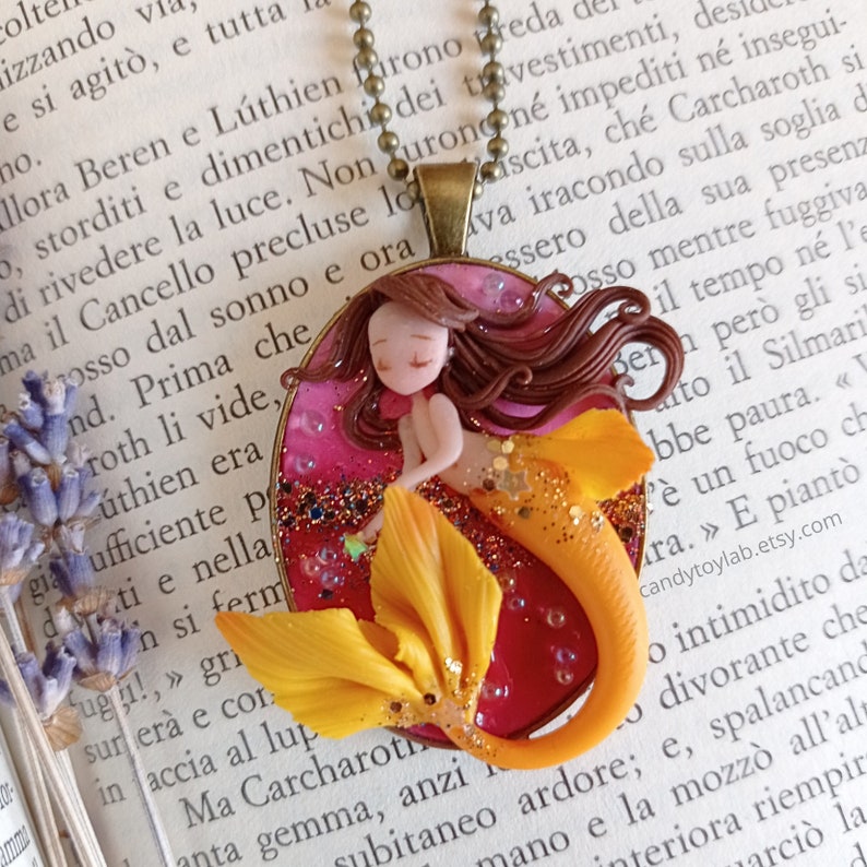 Mermaid necklace chibi polymer clay Fimo mermaid pendant polymer clay jewellery resin jewelry image 1