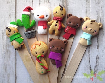 Kawaii fimo bookmarks on wooden base, Christmas special; cute Christmas bookmarks ; polymer clay polymer clay polymer clay