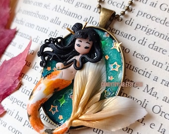 Koi mermaid ; chibi polymer clay fimo; japanese style pendant; kawaii cute doll ; resin jewelry