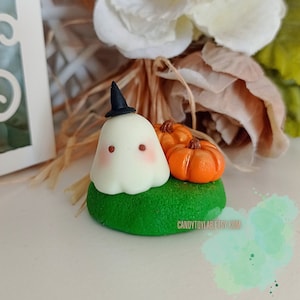 Può includere: Un piccolo fantasma bianco con un cappello da strega nero siede su un pezzo di erba verde con due zucche arancioni. Il fantasma ha due piccoli occhi marroni e un piccolo sorriso.