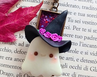 Kawaii ghost ; fimo night glow ; resin open bezel ; handmade cute polymerclay necklace