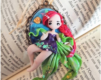 polymer clay doll; chibi princess fantasy polymer clay. Polymer clay necklace and bronze base.