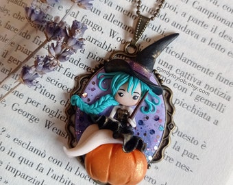 Chibi witch with fimo pumpkin; polymer clay cute doll; bronze necklace; polymer clay polymer clay