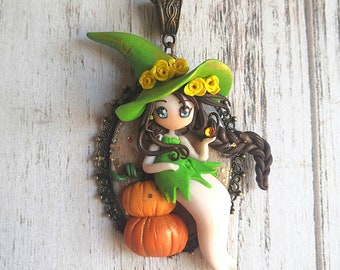 Chibi witch in polymer clay; bronze necklace; miniatures; halloween ; polymer clay polymer clay polymer clay