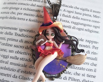ON OFFER: Chibi witch in polymer clay; bronze necklace; magic grimoire ; cute doll; polymer clay polymer clay polymer clay