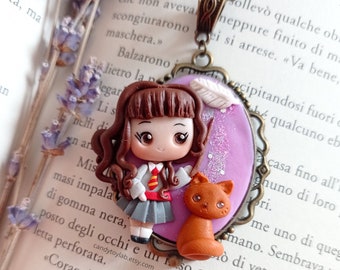 ON SALE Chibi doll in fimo; witch witch wizard ; kawaii creation; cute ginger cat; miniature polymer clay