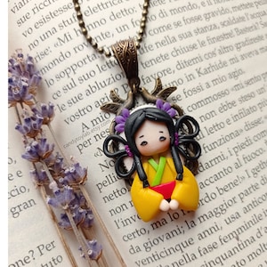 Chibi doll fimo portrait; oriental princess; polymer clay ; polymer clay ; polymer clay. Bronze jewelry. Bronze cameo necklace.