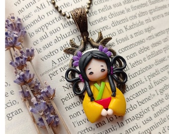 Chibi doll fimo portrait; oriental princess; polymer clay ; polymer clay ; polymer clay. Bronze jewelry. Bronze cameo necklace.