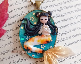 Koi mermaid ; chibi fimo doll; japanese style pendant; kawaii cute fimo creation ; resin jewelry