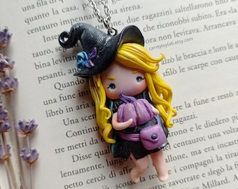 Chibi witch fimo; kawaii doll ; polymer clay polymer clay resin decorations; fantasy jewelry ; cute witch .