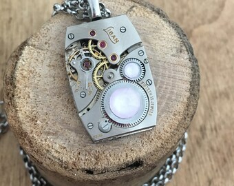 Steampunk necklace, silver movement watch, fine silver chain, swarovski pastel, steampunk jewelry, woman jewelry, silver necklace