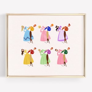 May include: A digital illustration of six couples dancing. Each couple is wearing a different coloured dress and shirt. The couples are all facing the same direction and are in a line.