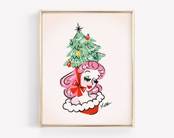 Vintage Christmas Tree Hat Art Print • Designed by Shea • Holiday Decor • Retro Style • Vintage Style