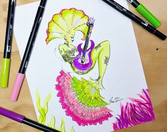 Marina the Punk Rock Mermaid • Original Art • Vintage Inspired • Costume Design • Fashion Illustration • DesignedByShea