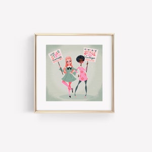 May include: Two cartoon women holding signs that say "Vintage Style with Vintage Values". The woman on the left is wearing a green dress and the woman on the right is wearing a pink dress. Both women are smiling.
