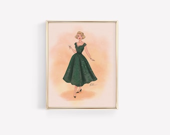 Betty in Green • Art Print • Vintage Style • Fashion Illustration • DesignedByShea