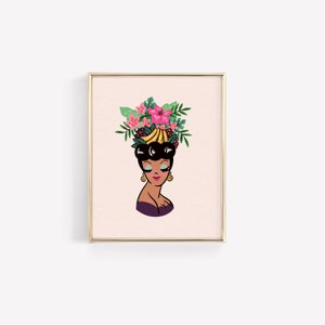 May include: A digital illustration of a woman with dark hair and a purple dress. She is wearing a floral crown with bananas and other fruits.