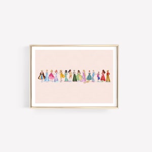 Puede incluir: Una ilustraci&oacute;n digital de 14 princesas Disney en fila, cada una con un vestido y un peinado diferente. Las princesas est&aacute;n de pie sobre un fondo rosa claro.