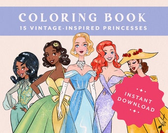 Coloring Book – Vintage-Inspired Princesses • Designed by Shea • Vintage Style • Family Activity • Art Therapy • Art Kid • Fairytale Art