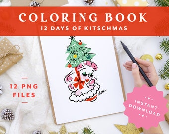 Coloring Book – 12 Days of Kitschmas • Designed by Shea • Vintage Style • Family Activity • Art Therapy • Art Kid