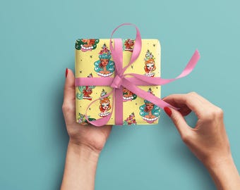 Retro Christmas Trees in Yellow – Wrapping Paper • Designed by Shea • Merry Kitchmas • Gift Wrap • Retro Style • Illustration