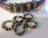 5 Handmade Licorice Beaded Rings , Aged Picasso Czech 8 0 Seed Beads,inner hole 10x6mm Beaded Sliders, leather bracelet finding,