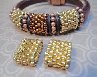 Two Small Golden Licorice Leather Peyote Bead Tubes, Flexible opening, Large hole bead, Leather Bracelet Slider