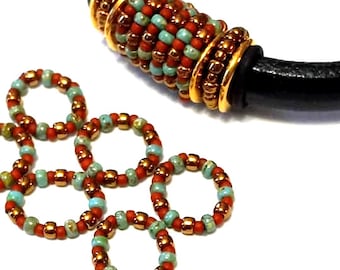 Six  (6) beaded Licorice oh rings 8/0 and 11/0 seed beads--Brass----Turquoise---Semi-Glazed Orange--Single Strand Spacer