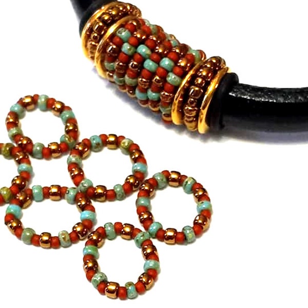 Six  (6) beaded Licorice oh rings 8/0 and 11/0 seed beads--Brass----Turquoise---Semi-Glazed Orange--Single Strand Spacer