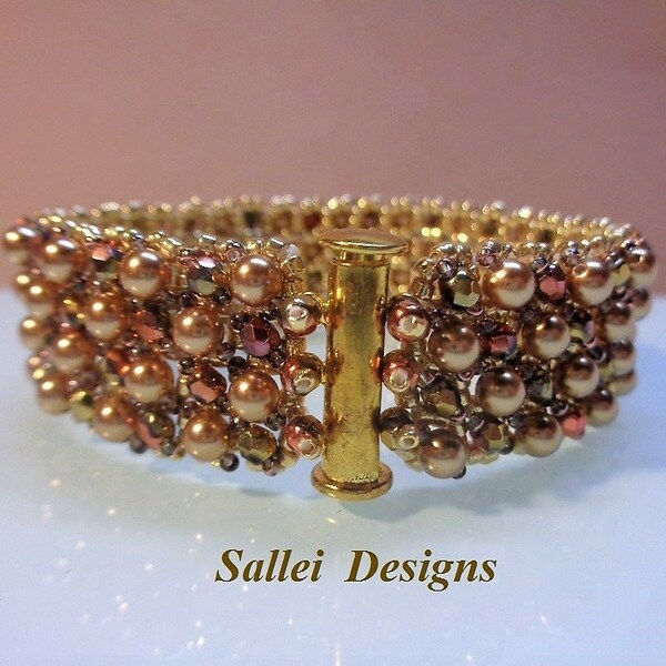 Swarovski Gold Crystal Pearls and Apollo Gold Czech Fire Polished Beaded Netted Bracelet Cuff,  Beaded Bracelet, Crystal Bracelet