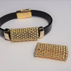 One Golden 10mm Flat Leather Peyote Bead Tube,   Flexible opening, Large hole bead, Leather Bracelet Slider