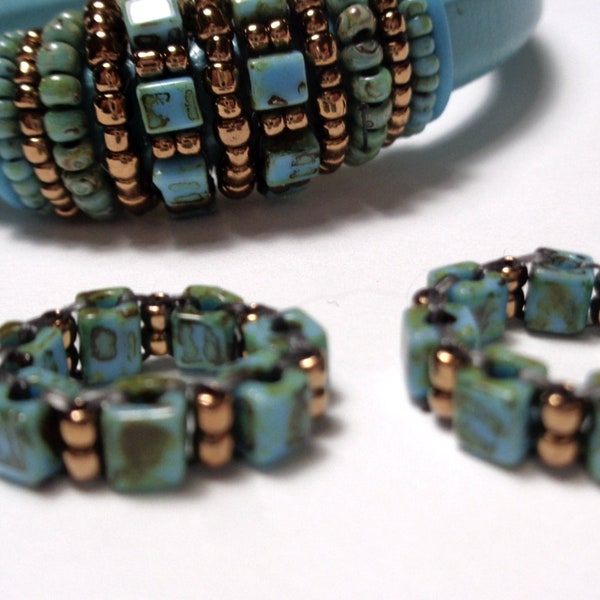 Two (2) Licorice Single Beaded OhRings With Square Glass Picasso Turquoise (4x4mm) and 11/0 Brass Toho seed beads, 10x6mm ID--Large Hole