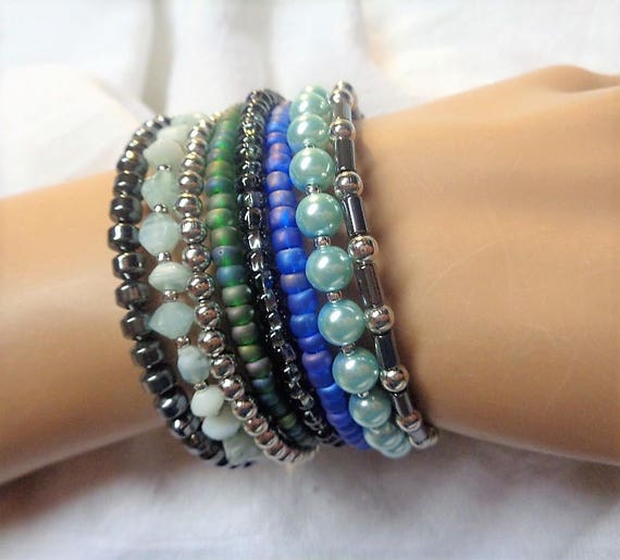 Memory Wire Bracelet for Women Rows, Seed Bead Bracelet - Main Image