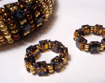 Two (2) Licorice Single Beaded OhRings With Square Glass Picasso Dark Topaz (4x4mm) and 11/0 Gold Toho seed beads, 10x6mm ID--Large Hole