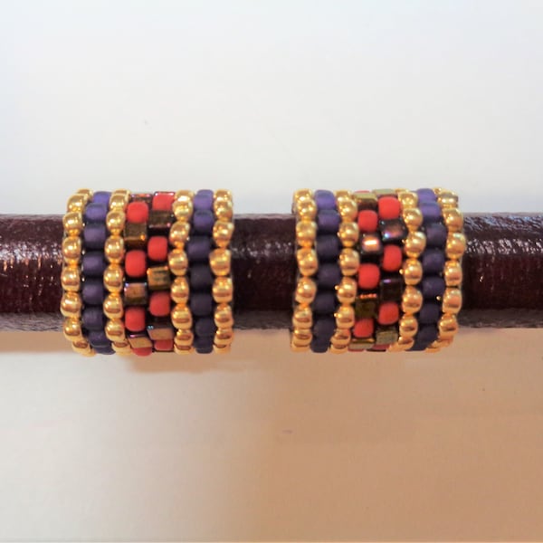 2 Smaller Licorice Peyote Beaded Tube , 10x6mm Opening,, Licorice  Slider, PF Gold, Frosted Red, Purple Frost, and Cube Metallic Gold