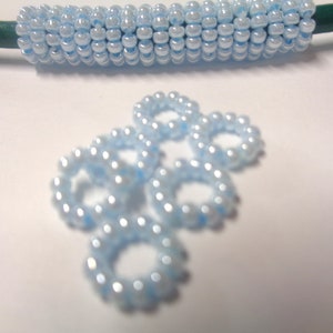 6  Handmade Aqua Lined Pearl White Beaded O-Rings for 5mm flat Leather or 4mm Round Leather,  Seed Beaded leather spacers